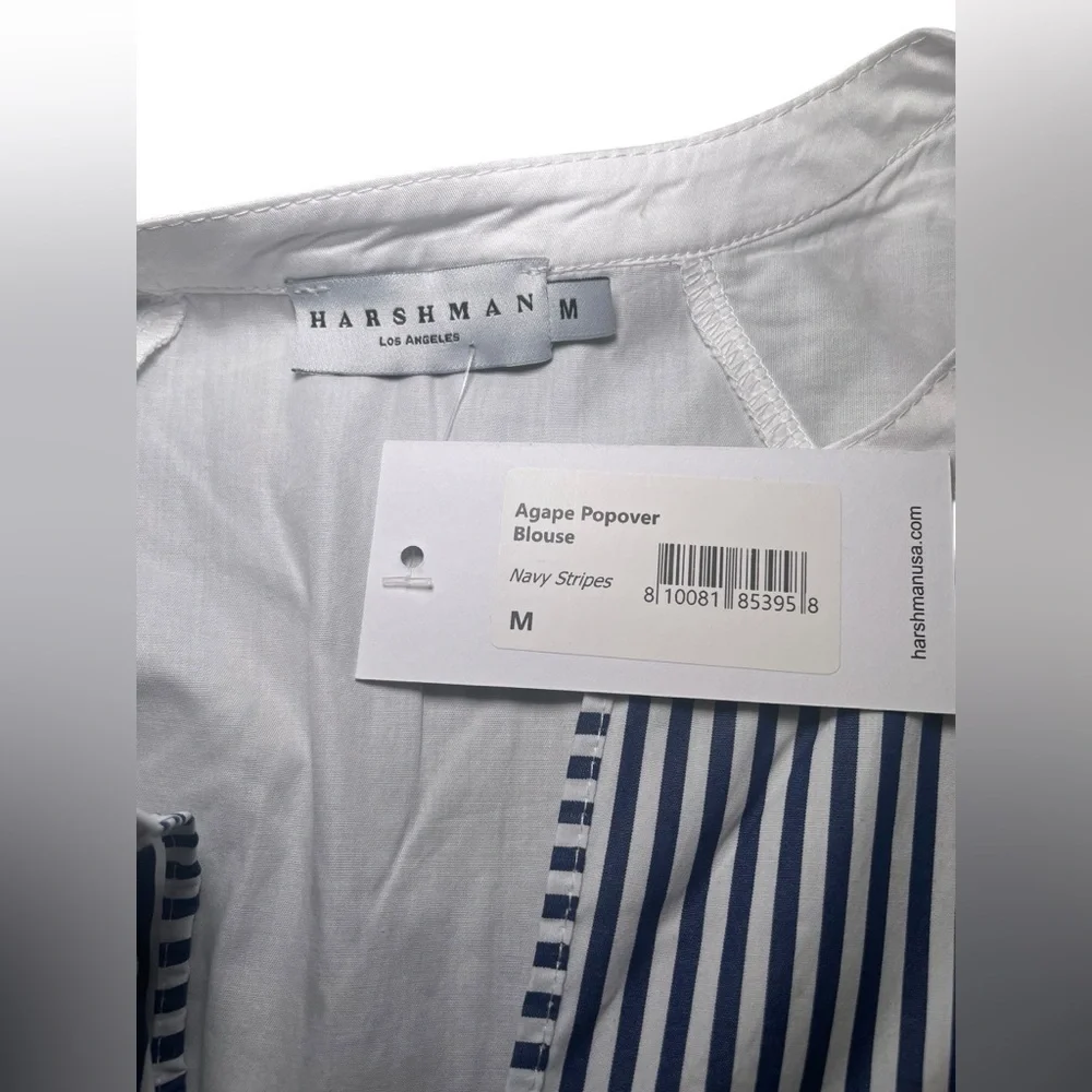 Harshman New NWT 100% Cotton Navy Stripe Agape Popover Blouse Medium - Picture 6 of 6